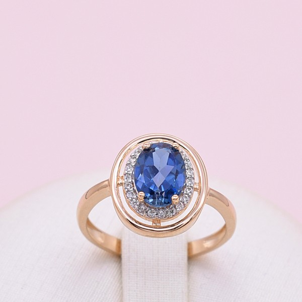 Auksinis žiedas su London Blue topazu ir cirkoniais  17mm  220K02
